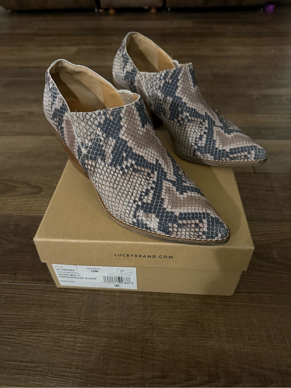 Lucky Brand Snake-Print Pointed Ankle Booties in Taupe and Black